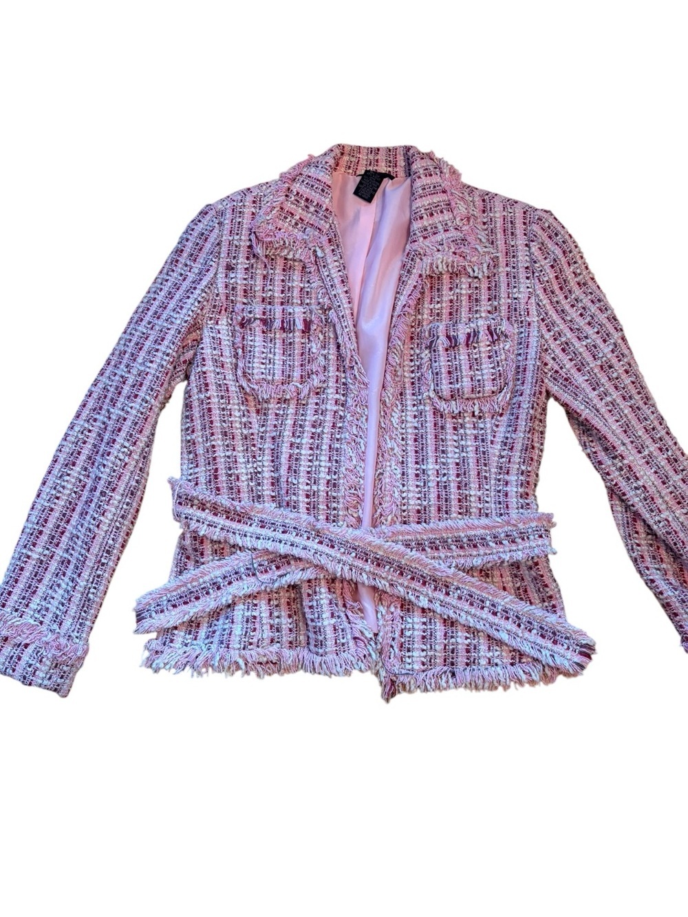 Women's Pink Tweed Belted Blazer Jacket